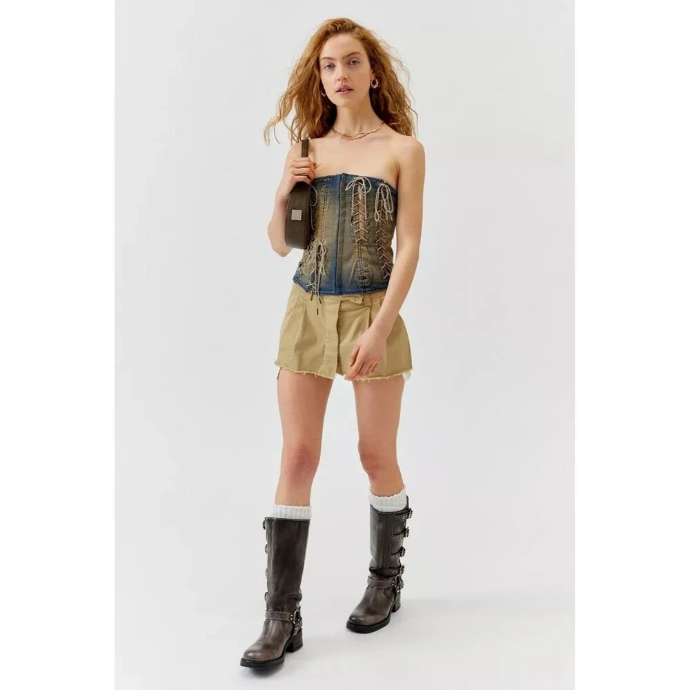 Urban Outfitters UO Leila Denim Lace-Up Tube Blouse Top Cropped Blue XS 289828